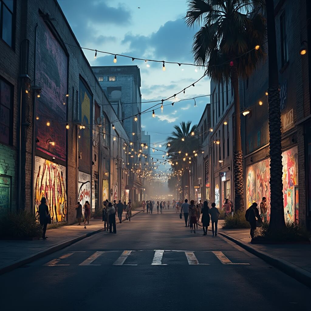 "Evening scene at Wynwood Walls with massive street art murals, people exploring, string lights overhead, and palm tree shadows in high contrast, moody lighting"