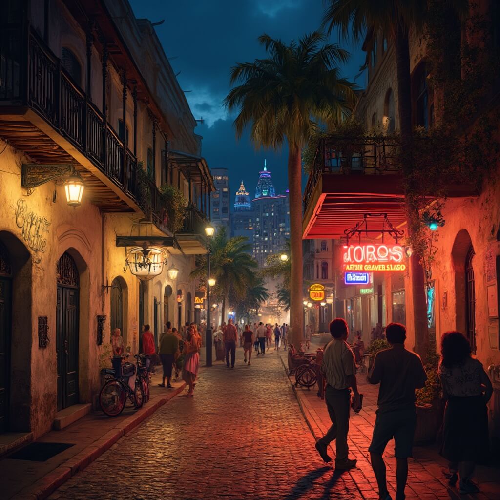 Diverse crowd mingling in historic Ybor City at night, with Spanish colonial architecture, glowing streetlights, neon reflections on cobblestones and a jazz club entrance bathed in golden light.