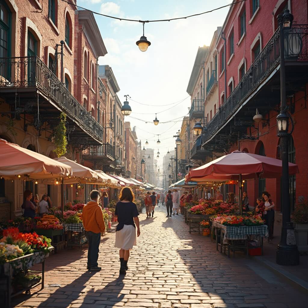 Morning farmers market in historic Ybor City with red brick buildings, iron balconies, colorful stalls, vintage streetlamps, and cobblestone streets under soft morning light
