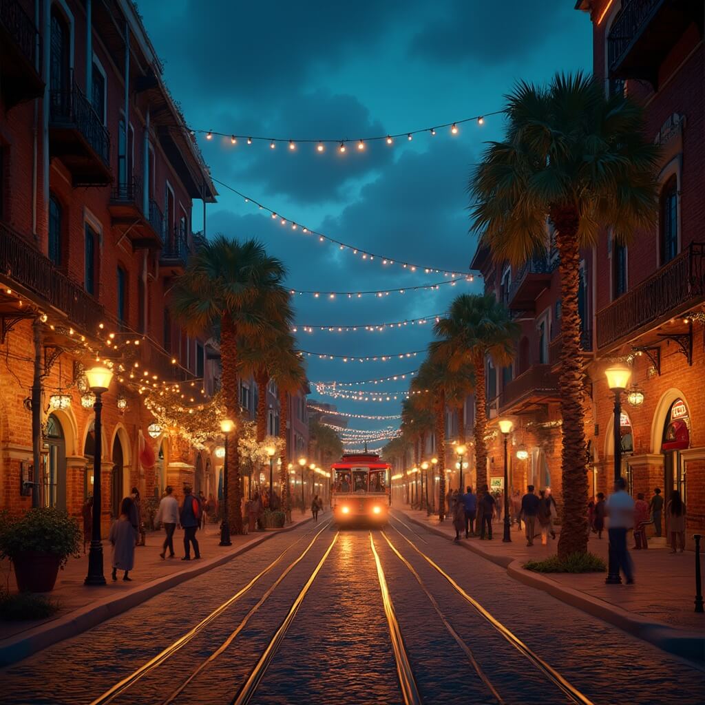Nighttime scene in Ybor City with historic brick buildings, street lamps, cobblestone streets, neon signs, palm trees and a trolley car in distance