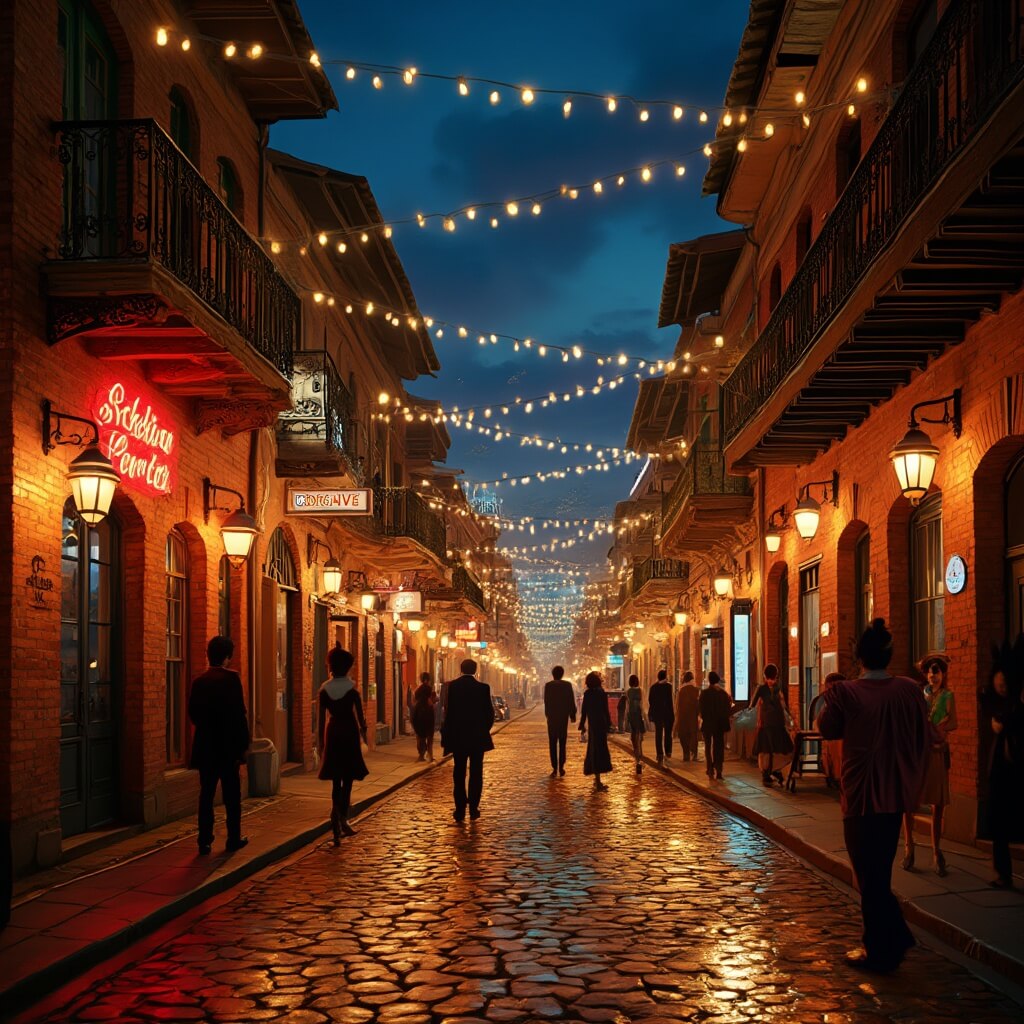 Vibrant nightlife in Ybor City with historic buildings, warm street lamps, reflective cobblestone streets, fairy lights, and people near Spanish-style architecture