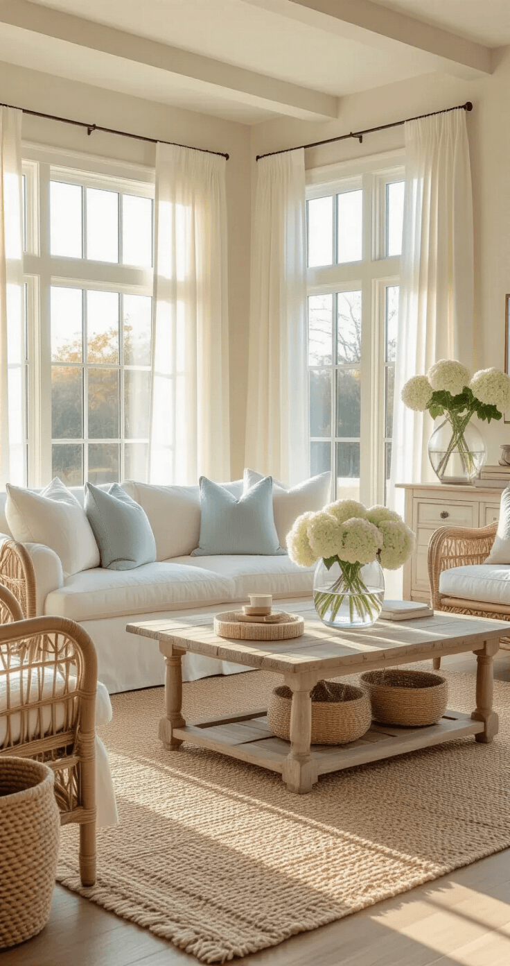 A sunlit living room with sheer curtains, a cream slipcovered sofa, rattan armchairs, and a driftwood coffee table, featuring fresh hydrangeas and warm light creating a cozy atmosphere.