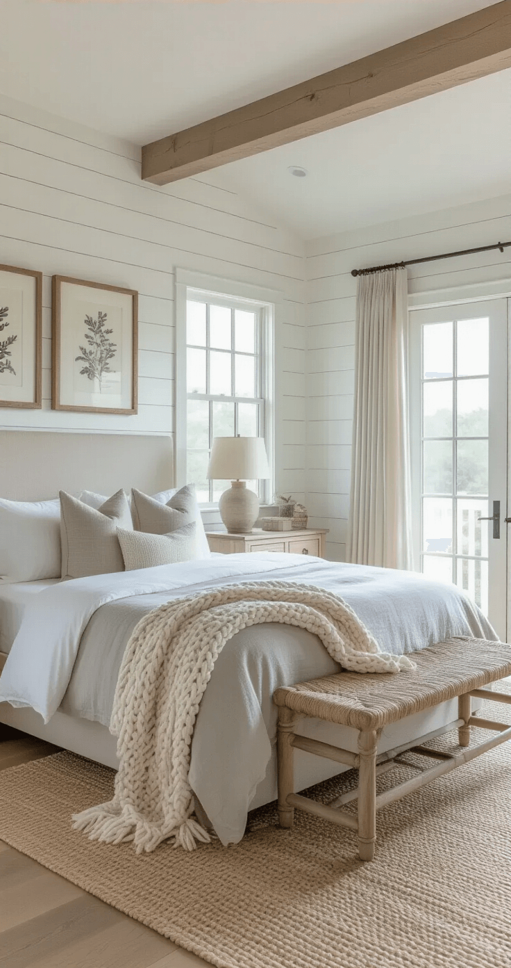 A master bedroom bathed in morning light, featuring vaulted ceilings, French doors to a balcony, white shiplap walls, a queen bed with soft gray bedding, a cream chunky knit throw, weathered oak nightstands with ceramic lamps, and a seagrass bench under a window, all enhanced by vintage botanical prints and gauzy curtains.