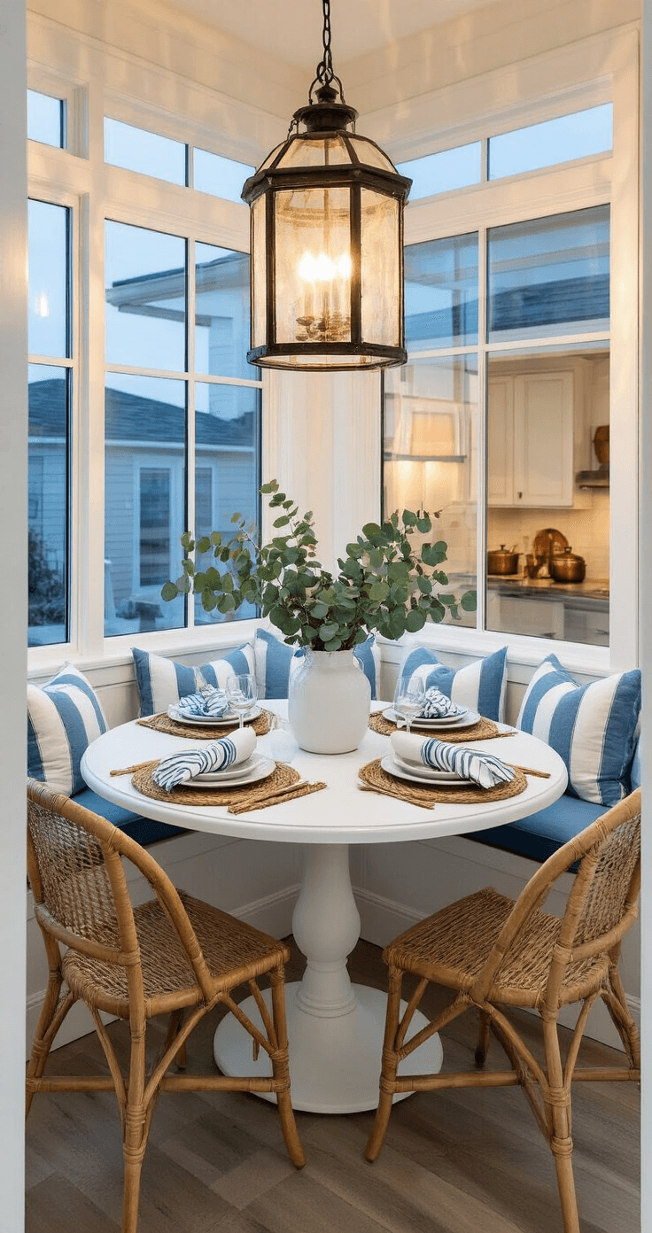 An intimate corner dining nook at dusk featuring a built-in window seat with coastal blue cushions, a distressed white round pedestal table, and rattan chairs, illuminated by a warm lantern pendant. Eucalyptus branches in a white ceramic vase, with striped linen napkins and rope placemats adding texture. Vintage copper pots are visible through a kitchen doorway, creating a moody evening ambiance.