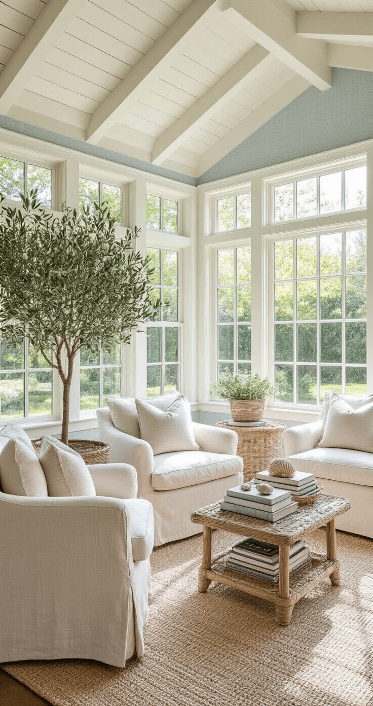 Bright sunroom sanctuary featuring a wall of windows, swivel chairs in oatmeal linen, weathered teak side tables with vintage books, a potted olive tree, and pale blue grasscloth wallpaper, all illuminated by midday light.