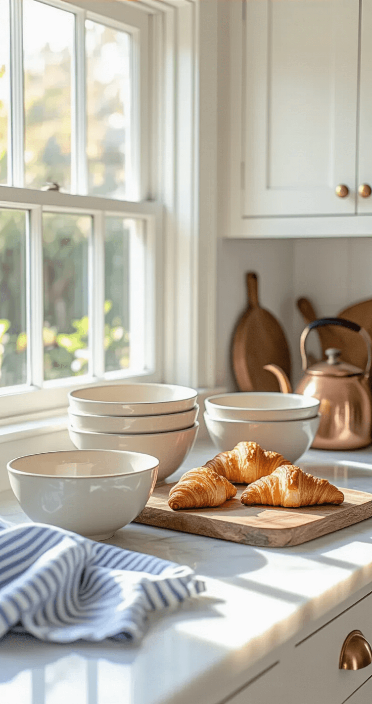 A cozy kitchen vignette at breakfast time featuring white marble counters illuminated by morning light, with a collection of pottery bowls, fresh croissants on a wooden board, blue and white striped towels, and warm copper kettles, all softened in focus against white cabinets and brass hardware.