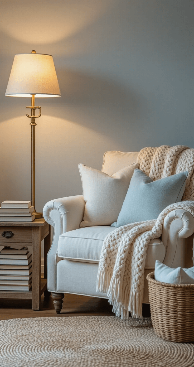 Cozy reading corner at twilight featuring an oversized ivory armchair with a cable knit throw, a brass floor lamp, a distressed wooden side table with soft-hued books, and a seagrass basket of pillows, against pale blue-gray walls.