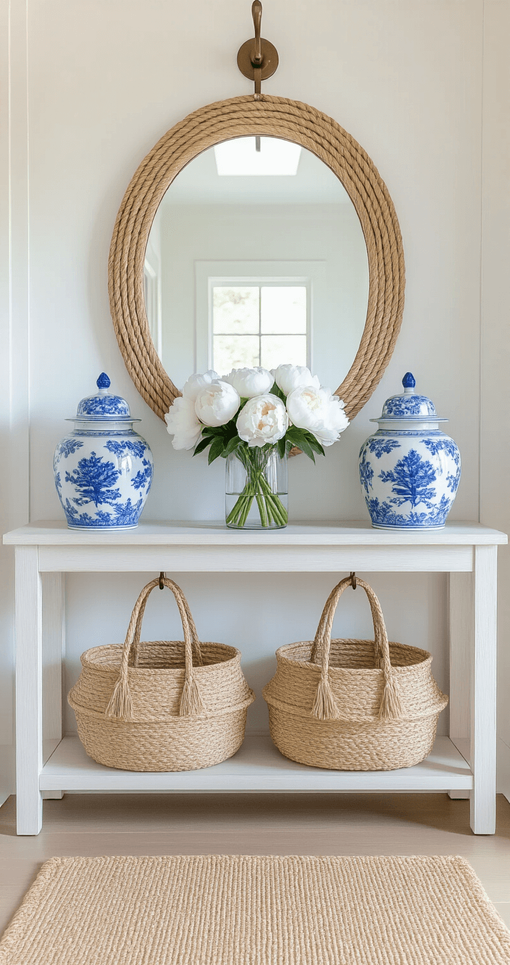 Summer entryway featuring a whitewashed console table under an oval rope mirror, flanked by blue and white chinoiserie ginger jars and a clear vase of white peonies, with woven beach totes hanging from bronze hooks and a sisal runner leading down the hallway, illuminated by natural light from a skylight.