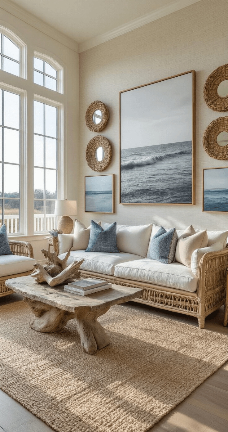 A sunlit living room with high ceilings, showcasing a coastal gallery wall adorned with a large black and white ocean photograph, driftwood sculptures, and abstract seascapes in soft blues, against a backdrop of 'White Sand' walls with grasscloth accents.
