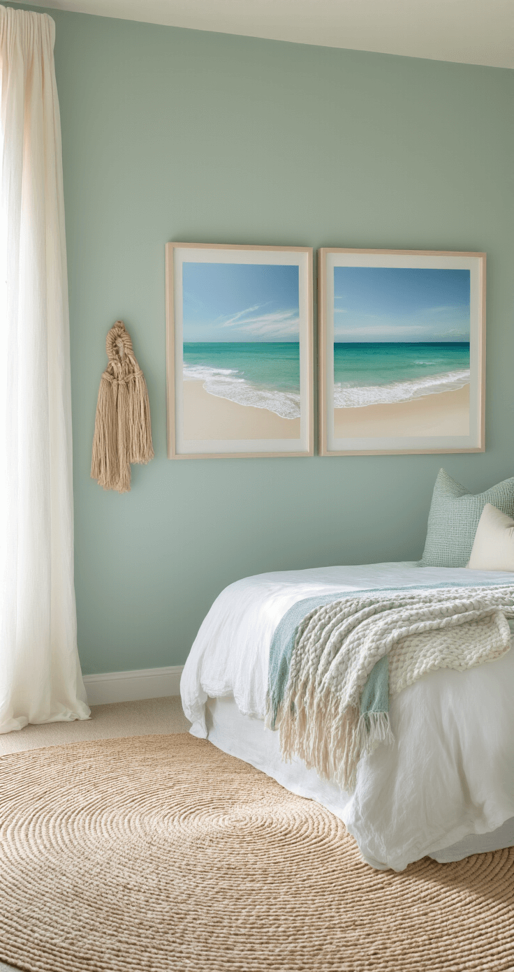 A serene primary bedroom featuring soft morning light, sheer linen curtains, and a focal wall with a triptych of aerial beach photographs in whitewashed frames, surrounded by handwoven rope art. The room is painted in Sherwin Williams 'Sea Salt' and decorated in a color palette of seafoam green, pale sand, and cerulean blue, with a natural fiber carpet adding texture. Shot from the doorway.