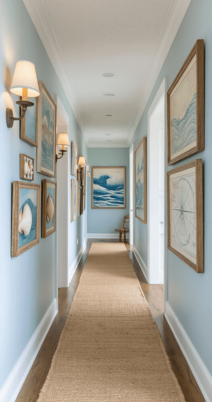 A floor-level view of a coastal art gallery hallway, featuring 9ft ceilings, walls in Farrow & Ball 'Light Blue,' and white trim. Warm sconces illuminate framed seashells, abstract wave paintings, and vintage nautical maps, with a natural jute runner guiding the eye.
