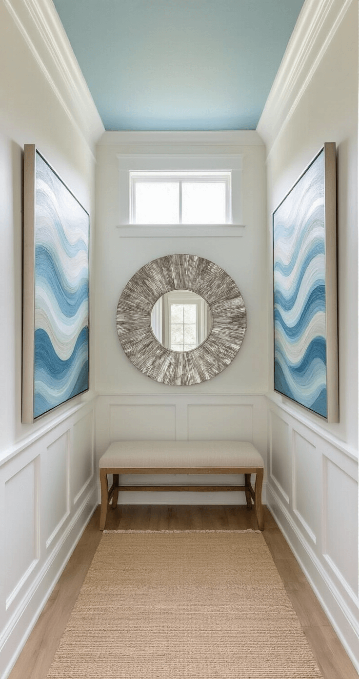A bright 10x12ft entryway with architectural wainscoting and coastal decor, featuring a large 48