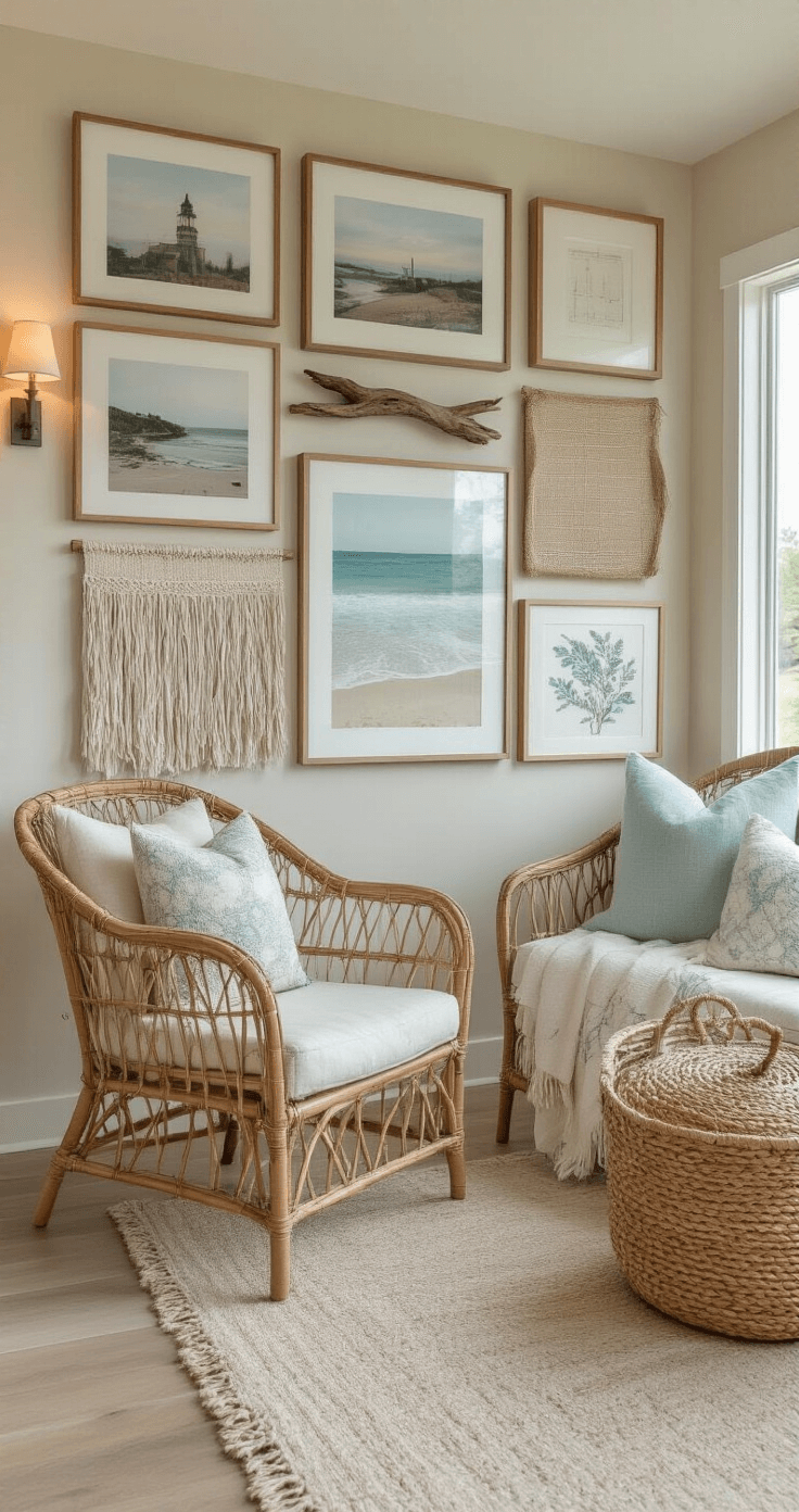 Cozy living room corner with coastal gallery wall, featuring mixed framed photography and driftwood art, warm white and sandy beige colors, rattan chair, and woven basket, shot with soft focus and natural lighting.