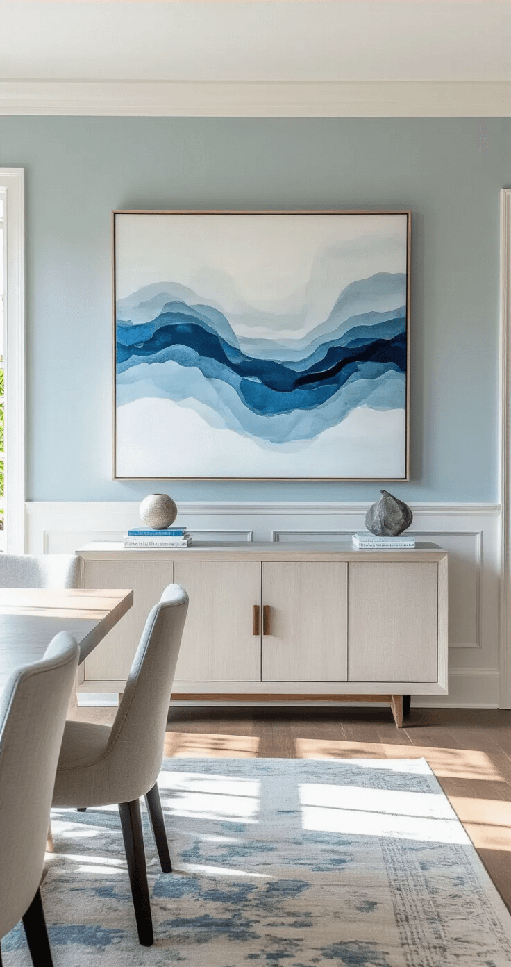 A minimalist dining room featuring a 6ft wide abstract seascape above a modern sideboard, with complementary mixed media art showcasing metallic accents. The walls are painted Behr 'Offshore Mist' with white trim. Afternoon light casts subtle shadows, captured from dining table height.