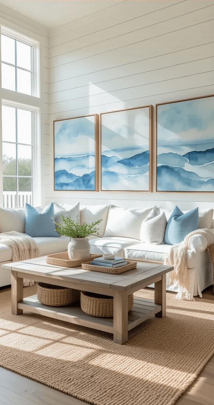 A sunlit coastal living room featuring white shiplap walls, large bay windows, and a weathered driftwood coffee table. Oversized watercolor seascapes in soft blues adorn the walls, with layered textures including a chunky knit throw, jute rug, and woven basket planters. Natural light casts gentle shadows throughout the space.