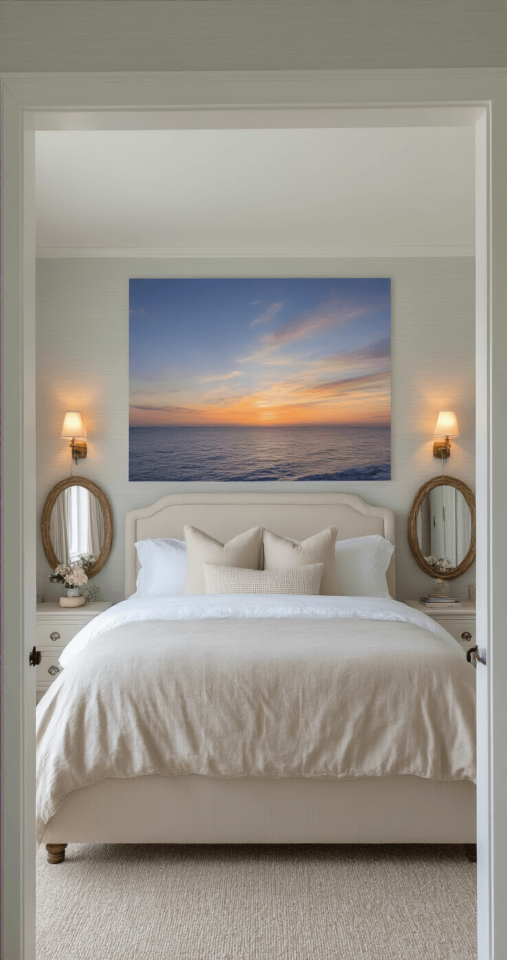 A low-angle view of a master bedroom at golden hour, showcasing a dramatic ocean horizon photograph above a whitewashed headboard, with gray-blue 'Sea Salt' walls and sandy beige linen bedding. Warm light from maritime sconces illuminates textured grasscloth wallpaper, while shell-adorned mirrors flank the bed, and sunset glow filters through gauzy curtains.