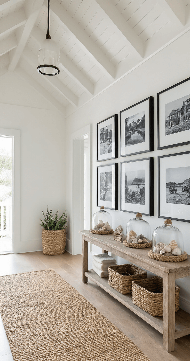 Airy beach house entryway featuring a cathedral ceiling with exposed white beams, illuminated by morning light. A gallery wall displays black and white coastal photographs, and a natural fiber runner leads to a navy typography coordinates sign. A rope-wrapped console holds shells under glass cloches, captured from a wide-angle perspective.