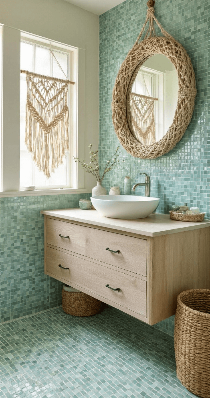 Serene bathroom with seafoam green mosaic tile walls, early morning light through frosted windows, handcrafted driftwood and macramé wall hanging, bleached oak floating vanity with sea glass accessories, woven seagrass baskets, and a round mirror reflecting the scene, captured at vanity height.