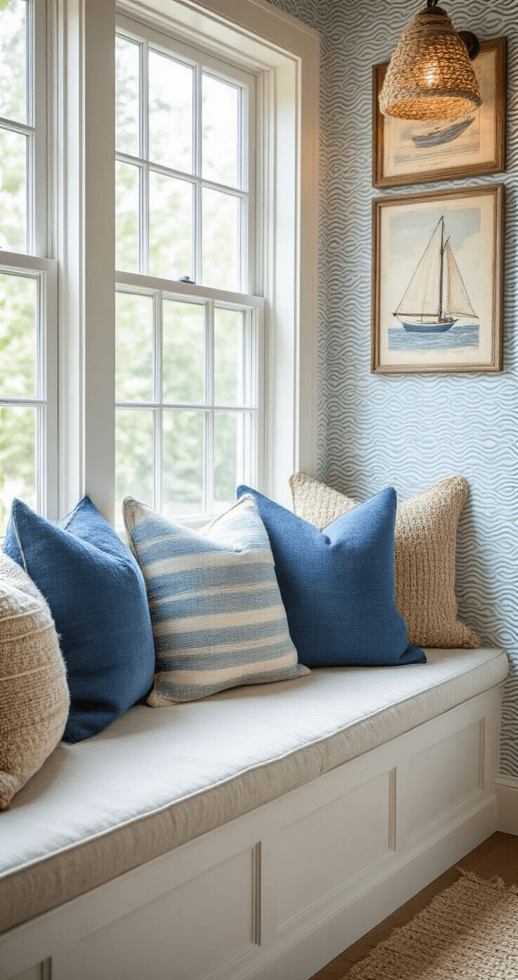 Cozy reading nook featuring a built-in window seat adorned with handmade coastal pillows in shades of blue, illuminated by late morning light. Vintage sailing prints in weathered frames line the walls, while a rope accent light fixture casts intriguing patterns. The textured wallpaper displays a subtle wave pattern, with a close-up focus on the pillow details and the window seat softly blurred in the background.