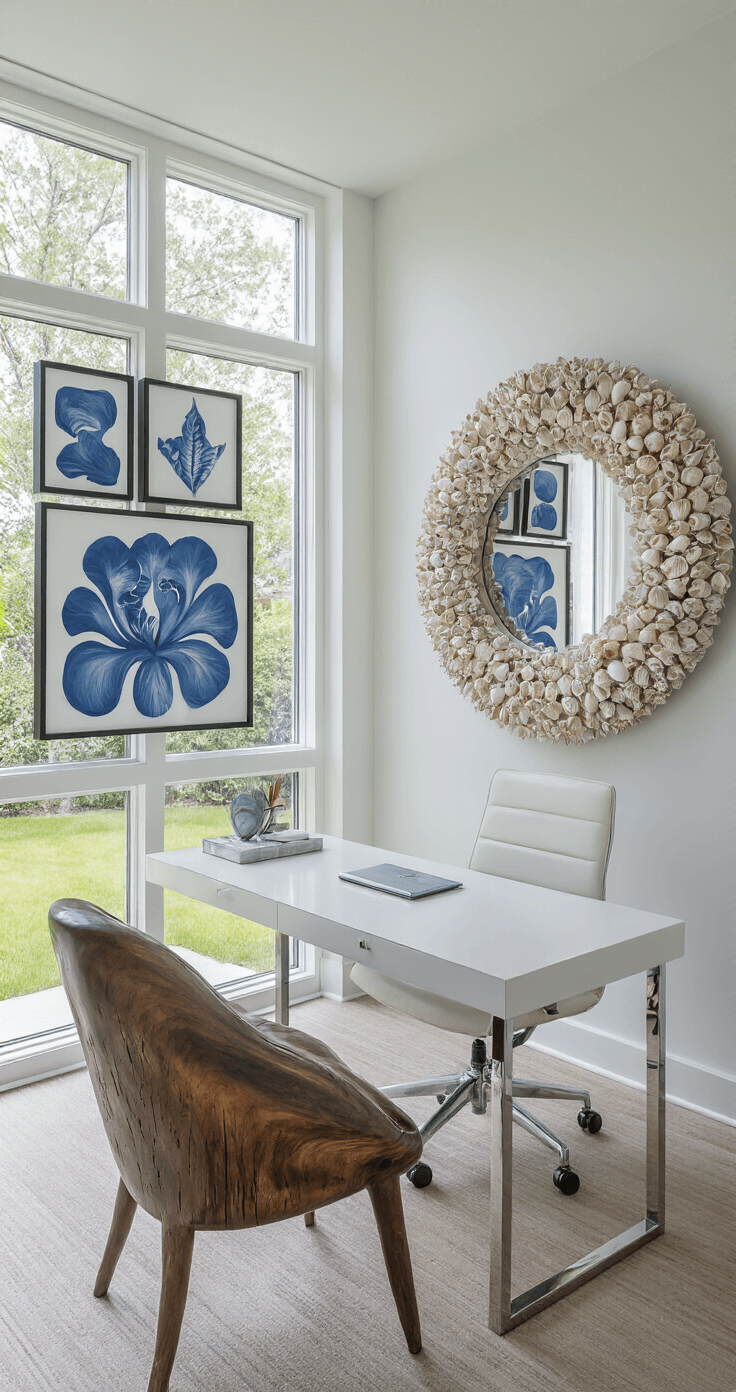 Modern coastal office featuring floor-to-ceiling windows with a garden view, a shell-encrusted mirror above a sleek white desk, a gallery wall of blue and white abstract art in floating frames, and a carved wooden whale tail sculpture, all captured from desk height with natural light reflecting in the windows.