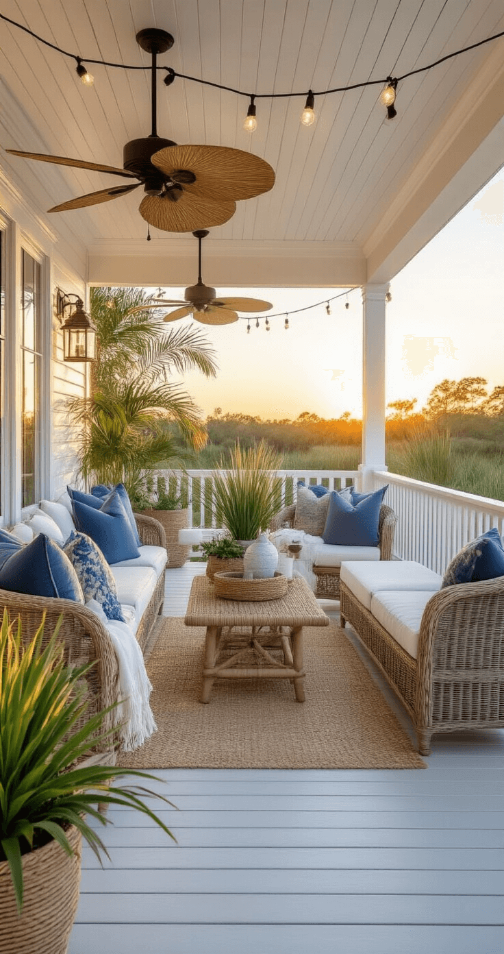 Coastal Home Decor: Your Ultimate Guide to Breezy, Relaxed Styling A breezy covered porch at sunset featuring white decking, a whitewashed wood ceiling with rattan fans, deep wicker seating with coastal blue cushions, and potted palms. String lights twinkle overhead, creating silhouettes in the golden hour, styled with weathered lanterns and vintage glass floats.