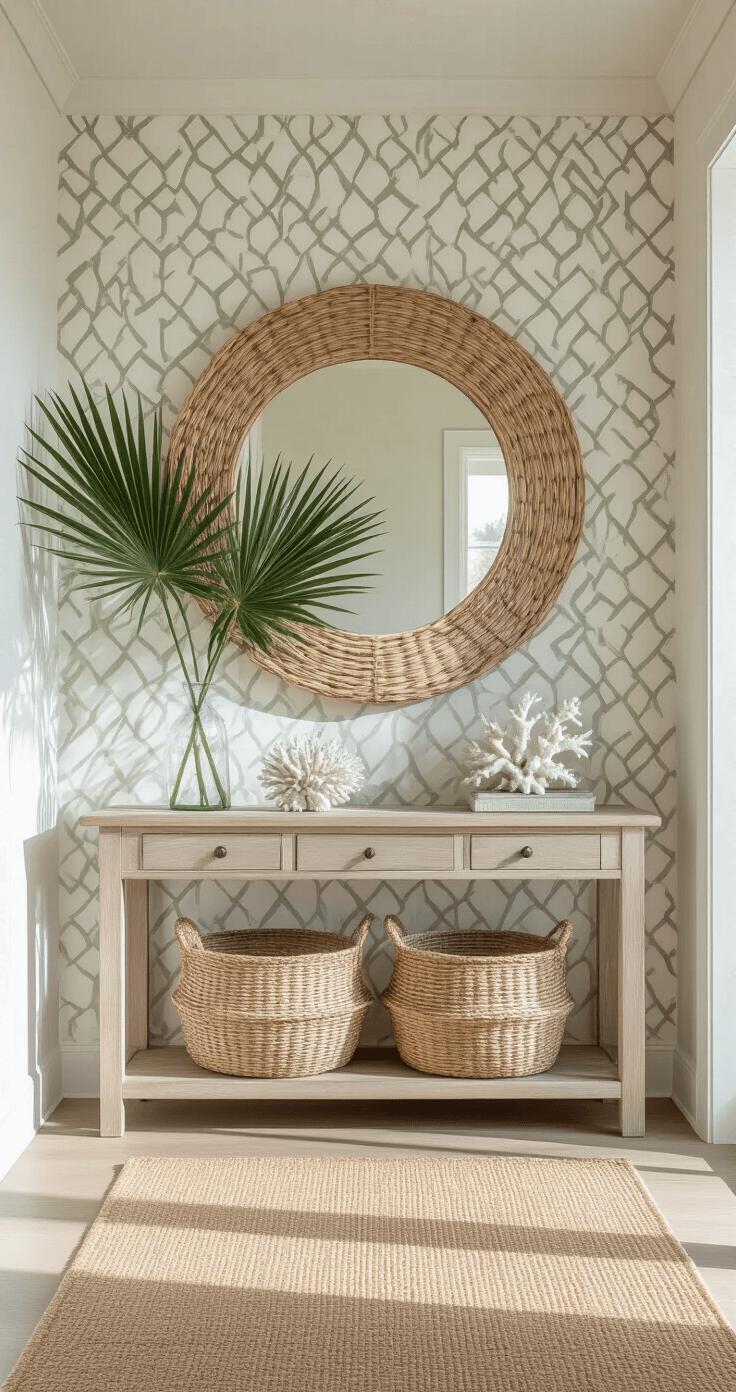 Coastal Home Decor: Your Ultimate Guide to Breezy, Relaxed Styling Light-filled entryway featuring geometric greige sea grass wallpaper, an oversized round rattan mirror, a weathered driftwood console table with a white coral and sea glass collection, and a chunky woven basket. A sisal runner leads into the living space, illuminated by late morning light that casts dramatic shadows. Minimalist styling includes a single palm frond, with warm white and natural fiber tones complemented by sea glass green accents.