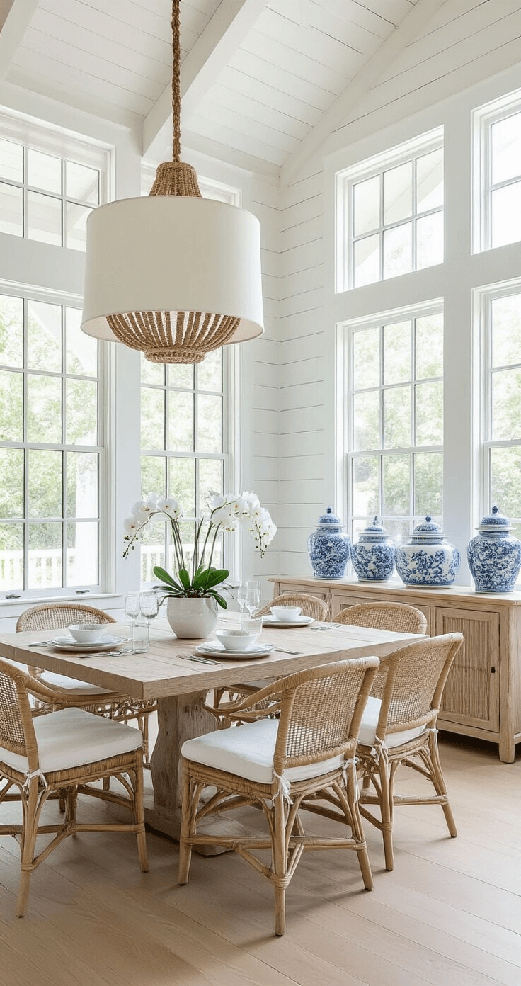 Coastal Home Decor: Your Ultimate Guide to Breezy, Relaxed Styling A bright and airy dining room featuring whitewashed shiplap walls and a rope chandelier, with floor-to-ceiling windows allowing natural light to illuminate a weathered teak table surrounded by rattan chairs. Accents include an oversized white linen pendant, a textured grasscloth buffet adorned with blue and white ginger jars, and elegant arrangements of white orchids and vintage glass bottles, all complemented by warm white, natural wood, and ocean blue hues.