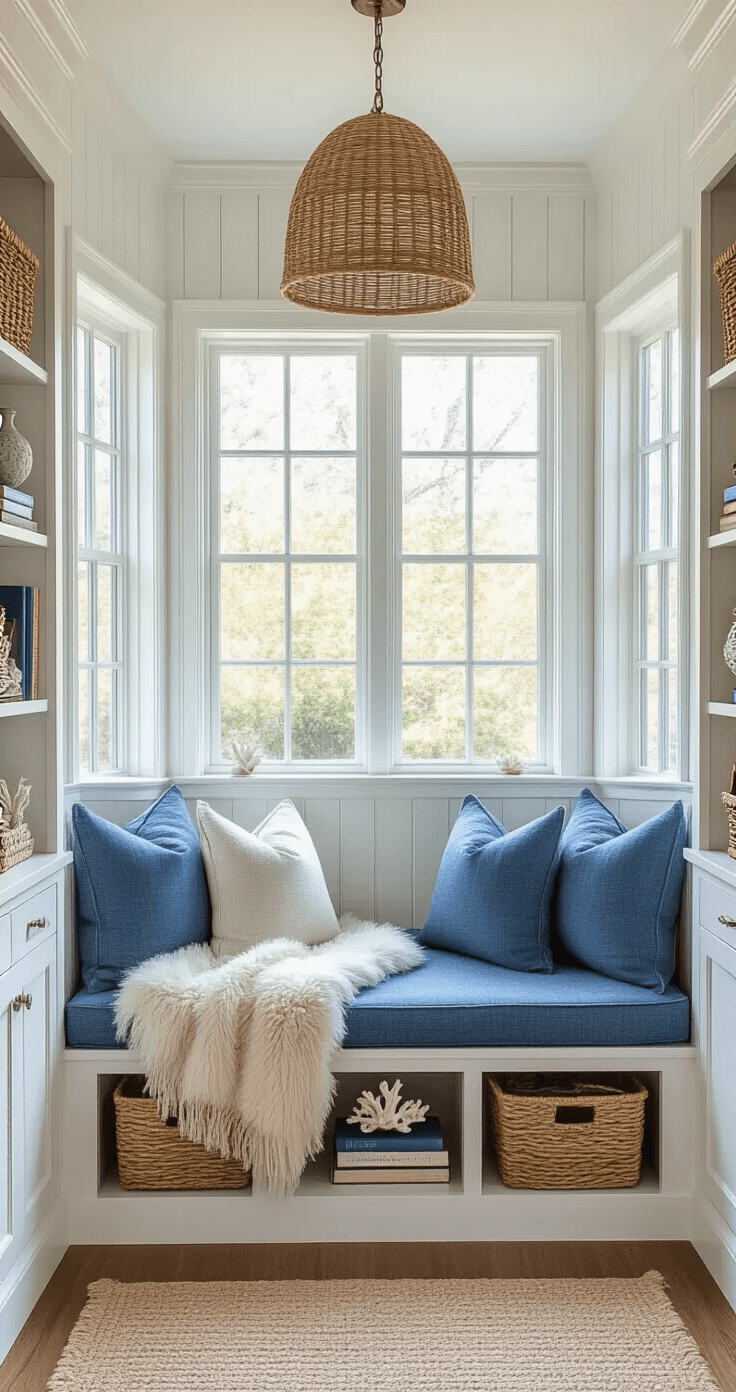 Coastal Home Decor: Your Ultimate Guide to Breezy, Relaxed Styling Cozy reading nook featuring a window bay with built-in seating, adorned with coastal blue linen cushions, white beadboard walls, a rattan pendant light, and built-in bookshelves filled with woven baskets and coral displays. Late afternoon light filters through, highlighting sheepskin throws and vintage decor, creating an intimate atmosphere. Colors include bright white, deep blue, and natural textures.