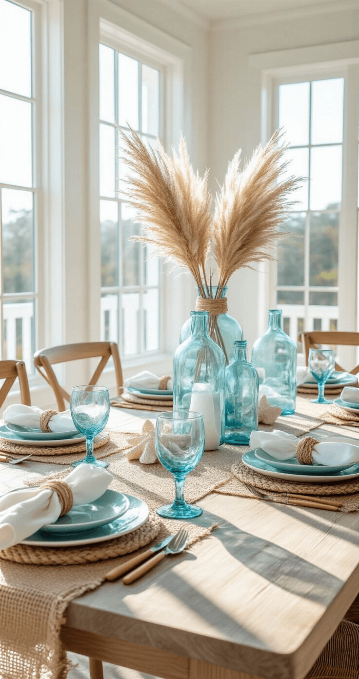 Bright white coastal dining room with wall-to-wall windows, featuring a weathered oak table set for brunch. Aqua blue glasses, textured white plates, and rope napkin rings adorn the table, complemented by a centerpiece of glass bottles in sea blues filled with pampas grass and starfish. Soft natural light creates a dreamy atmosphere.