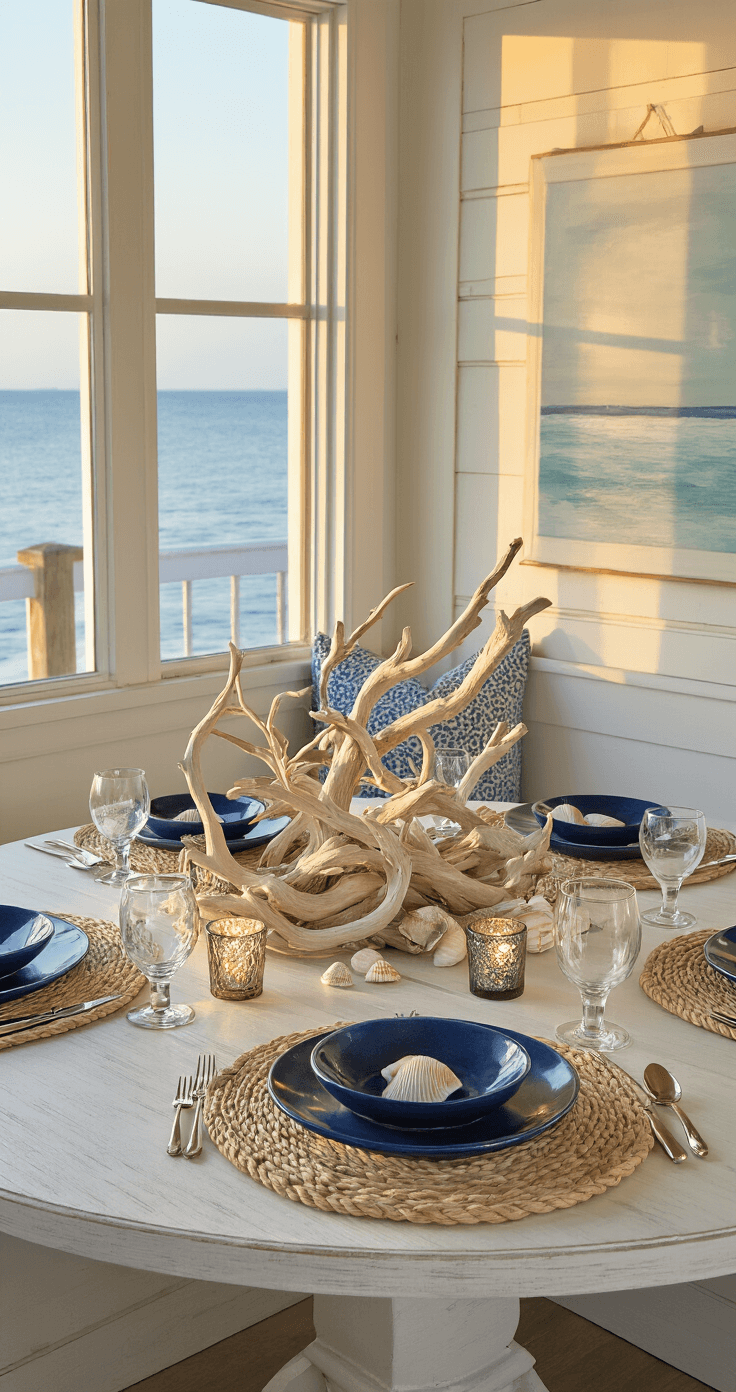 Intimate coastal dining nook during golden hour, featuring a round white-washed table adorned with a driftwood centerpiece, mercury glass votives, seashells, sand-colored linen placemats, navy blue ceramic plates, and twisted rope napkin holders, with a built-in window seat in soft bokeh background.