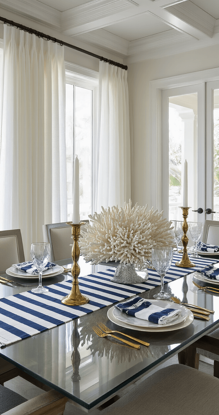 A luxurious nautical dining setting featuring a glass-topped table with mother-of-pearl chargers and crystal stemware, surrounded by an oversized white coral centerpiece and polished brass hurricane lamps, all illuminated by afternoon light filtering through sheer white curtains. Shot from above at a 30-degree angle, highlighting geometric patterns and metallic accents in a modern 18x20ft space with a dramatic coffered ceiling.
