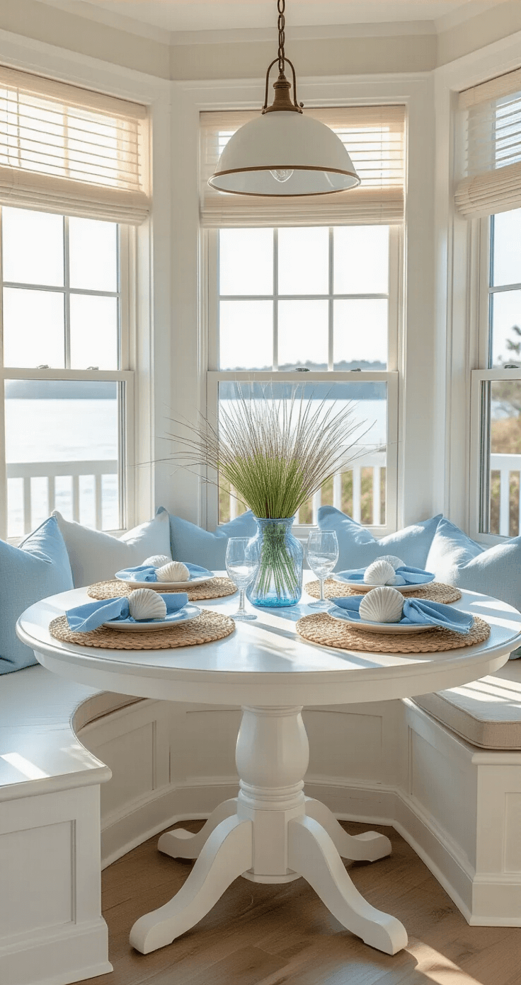 A cozy breakfast nook featuring bay windows, early morning light creating prisms through blue sea glass decor, a whitewashed round table with seagrass placemats, pale blue napkins, and a coastal grasses arrangement in a glass vase.