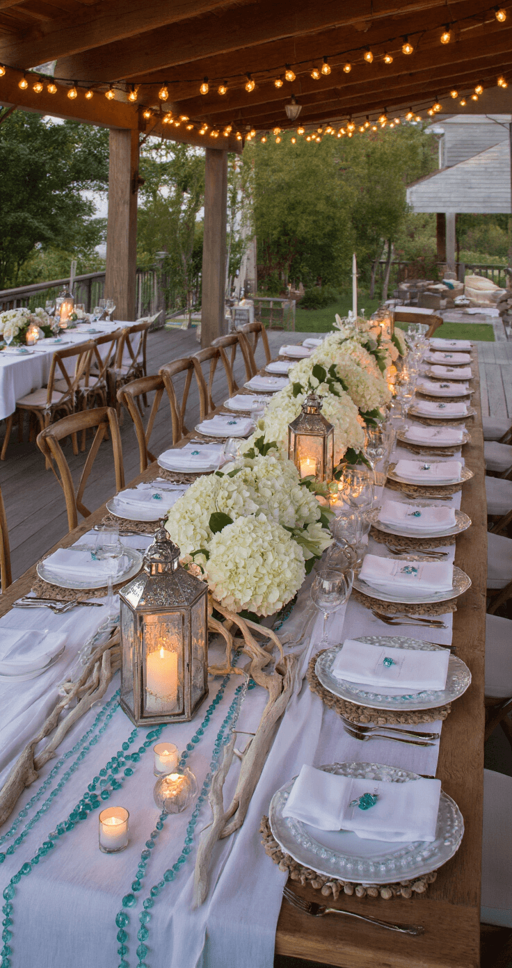 A beautifully arranged seaside dining area featuring a long farmhouse table with white linens, sea glass beaded runners, and a cascading centerpiece of white hydrangeas and driftwood, all illuminated by string lights and lanterns during twilight.