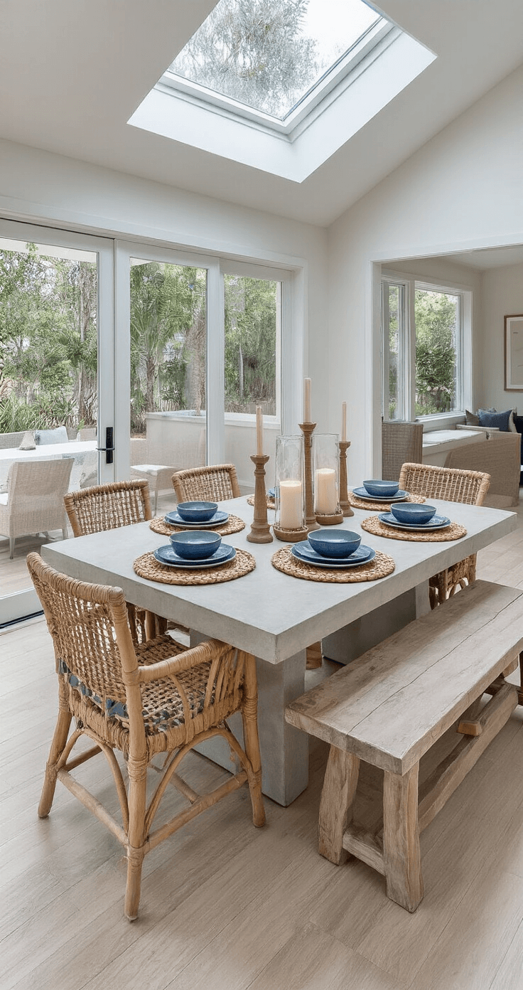 A contemporary coastal dining space featuring a square concrete-top table set with woven water hyacinth placemats, blue-rimmed earthenware, and knotted rope accents under mid-afternoon skylight, with a centerpiece of varied height hurricane candle holders filled with sand and shells, all on bleached wood floors.