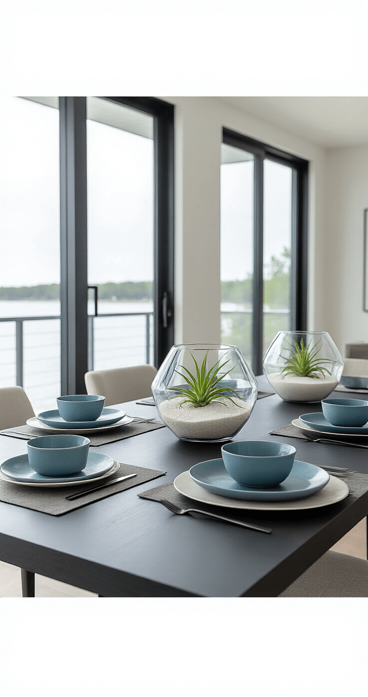 Minimalist dining room featuring a sleek dark table with white shell-inspired chargers and matte blue ceramic plates, illuminated by overcast daylight through floor-to-ceiling windows; geometric glass terrarium centerpiece with air plants and white sand adds a coastal touch.