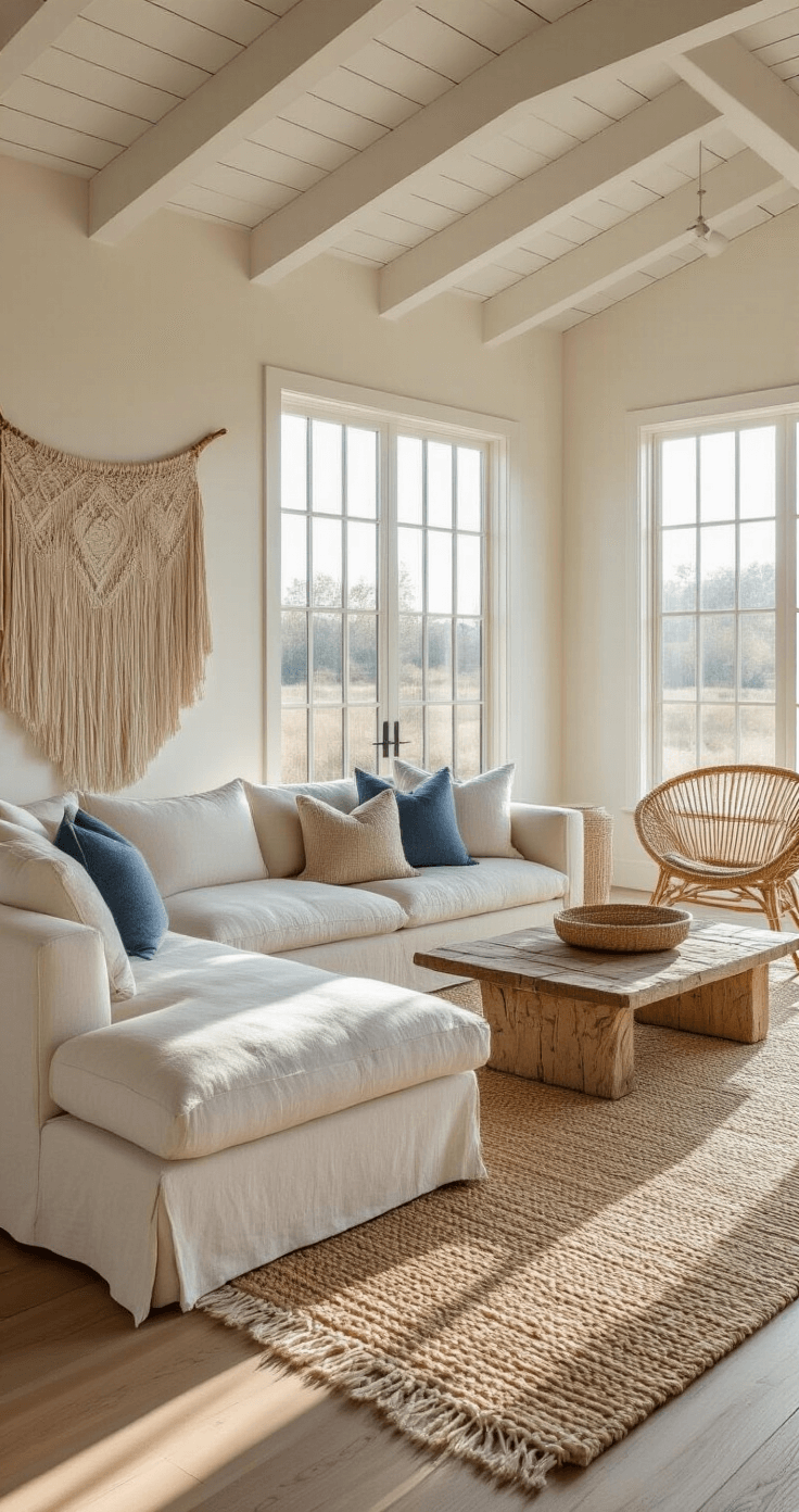 A spacious sunlit living room featuring high ceilings, exposed wooden beams, and floor-to-ceiling windows, showcasing a plush ivory sofa with blue and sand cushions, layered rugs, a rattan chair, and a macramé wall hanging, all bathed in warm golden hour light.