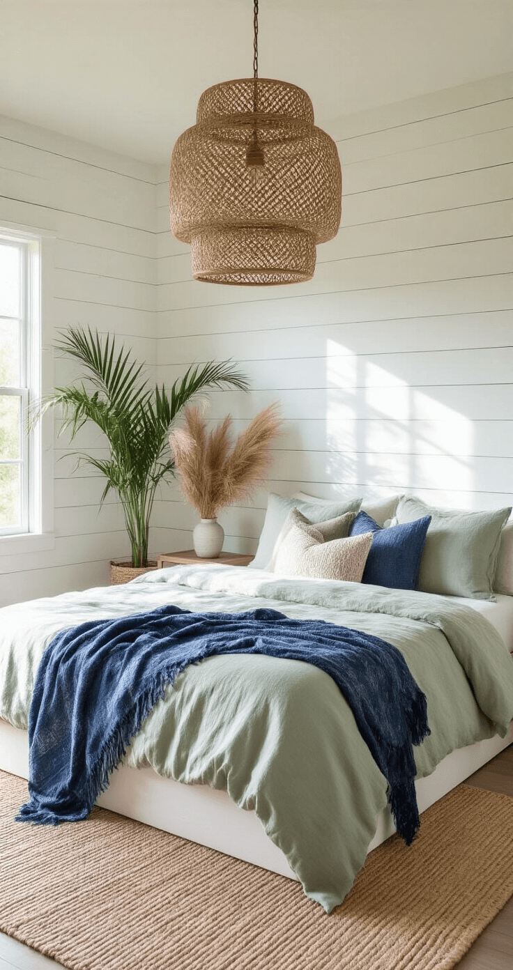 A serene master bedroom with whitewashed shiplap walls, featuring a low-profile platform bed in rumpled sage linen, illuminated by an oversized rattan pendant casting shadows. Vintage indigo textiles and handwoven throws add texture, while a potted palm and dried pampas grass bring organic elements. A natural sisal carpet completes the tranquil setting.