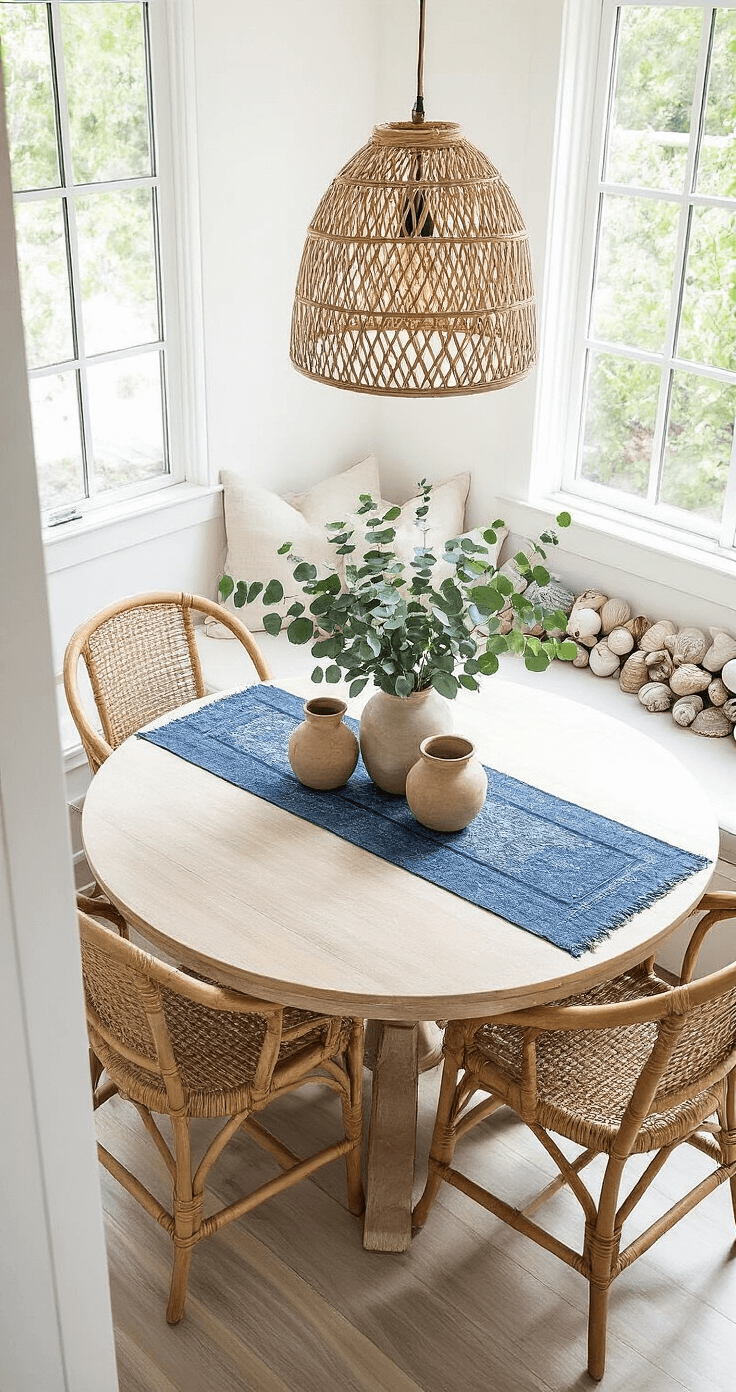 A bohemian dining nook featuring a round bleached wood table with rattan chairs, adorned with handmade ceramic vessels of eucalyptus on a vintage indigo runner, and illuminated by a woven pendant lamp casting shadows on white walls. A natural linen-cushioned window seat displays collected shells and driftwood, accentuating a stylish yet casual atmosphere.
