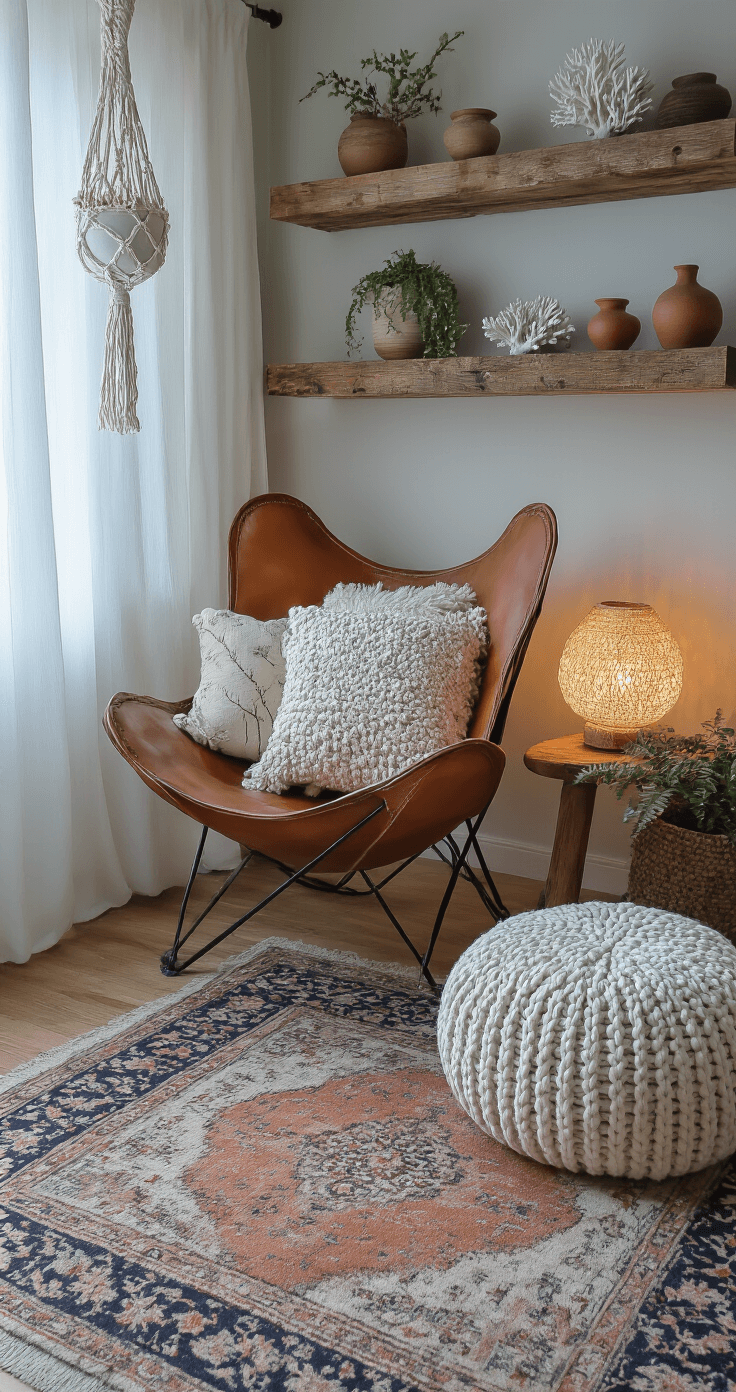 Cozy reading corner featuring an oversized leather butterfly chair and a chunky knit pouf, with floating reclaimed wood shelves displaying pottery and coral, a macramé plant hanger with a trailing vine, and vintage Persian rug, all softly illuminated by a ceramic table lamp during blue hour.
