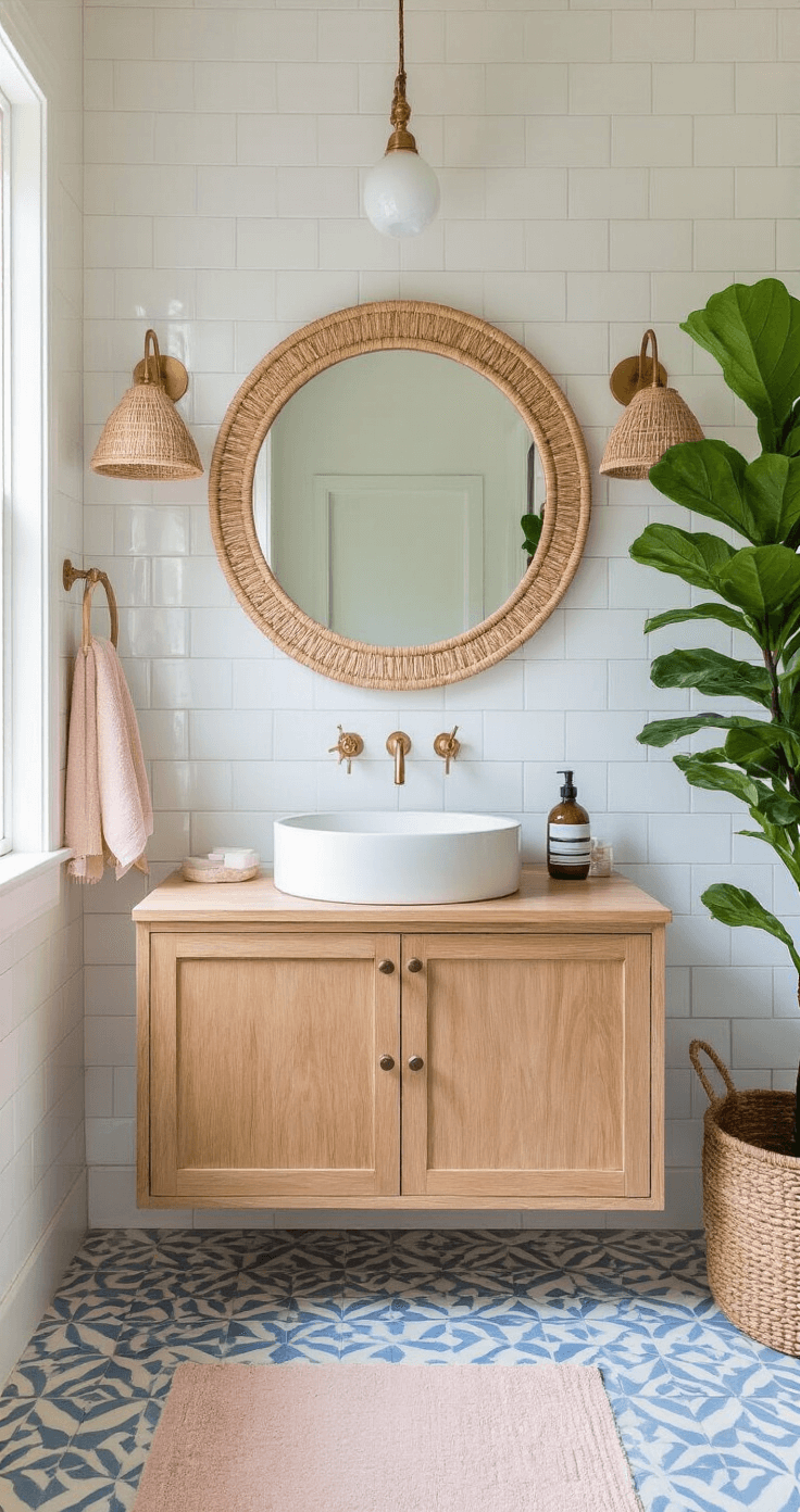 A serene bathroom sanctuary featuring pale blue geometric cement tiles and white subway walls, illuminated by morning light. A floating wooden vanity with a vessel sink and brass fixtures is centered, complemented by a round rattan mirror and woven sconces. Blush and sand-toned Turkish towels are neatly arranged, while a fiddle leaf fig adds natural height, with steam and light creating an ethereal atmosphere.