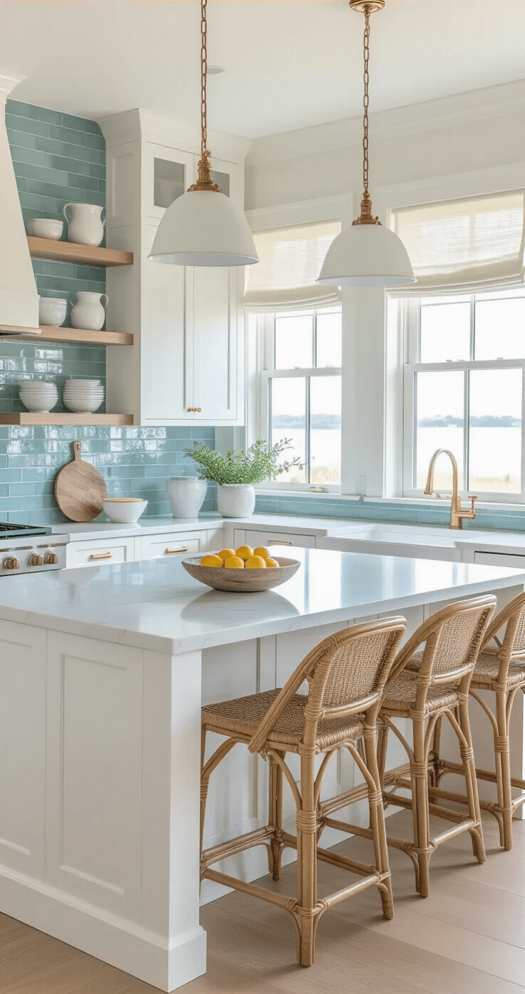 A sunlit coastal kitchen featuring white shaker cabinets, a sea-glass blue subway tile backsplash, and a quartzite waterfall island with rattan barstools, adorned with white ceramics, glass vessels, and natural decor elements.