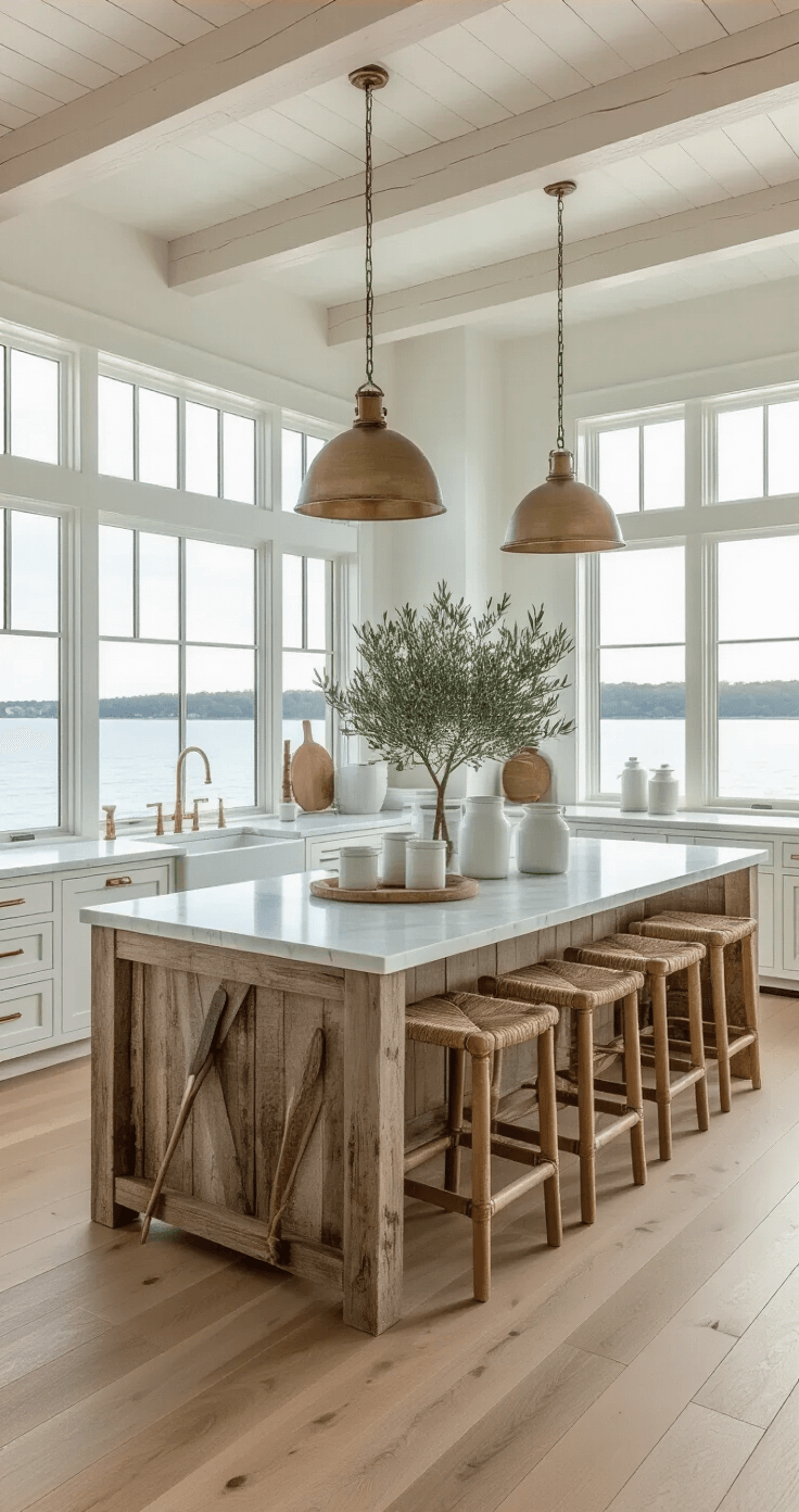 A coastal kitchen with a trestle ceiling and white oak flooring, featuring floor-to-ceiling windows, a reclaimed barnwood island with a marble top, woven rope stools, and aged brass pendant lights, styled with white ceramic canisters, a potted olive tree, and vintage oars as wall art, all illuminated by soft mid-morning light.
