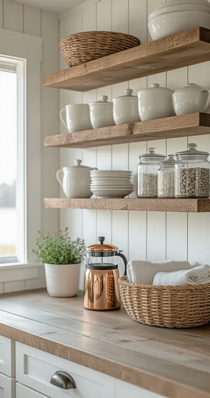 Detail shot of a coastal kitchen's coffee station at dawn, featuring reclaimed wood shelves with white pottery and glass canisters, a copper French press, a woven seagrass basket with linen tea towels, potted herbs, and a sea glass collection, all illuminated by soft morning light.