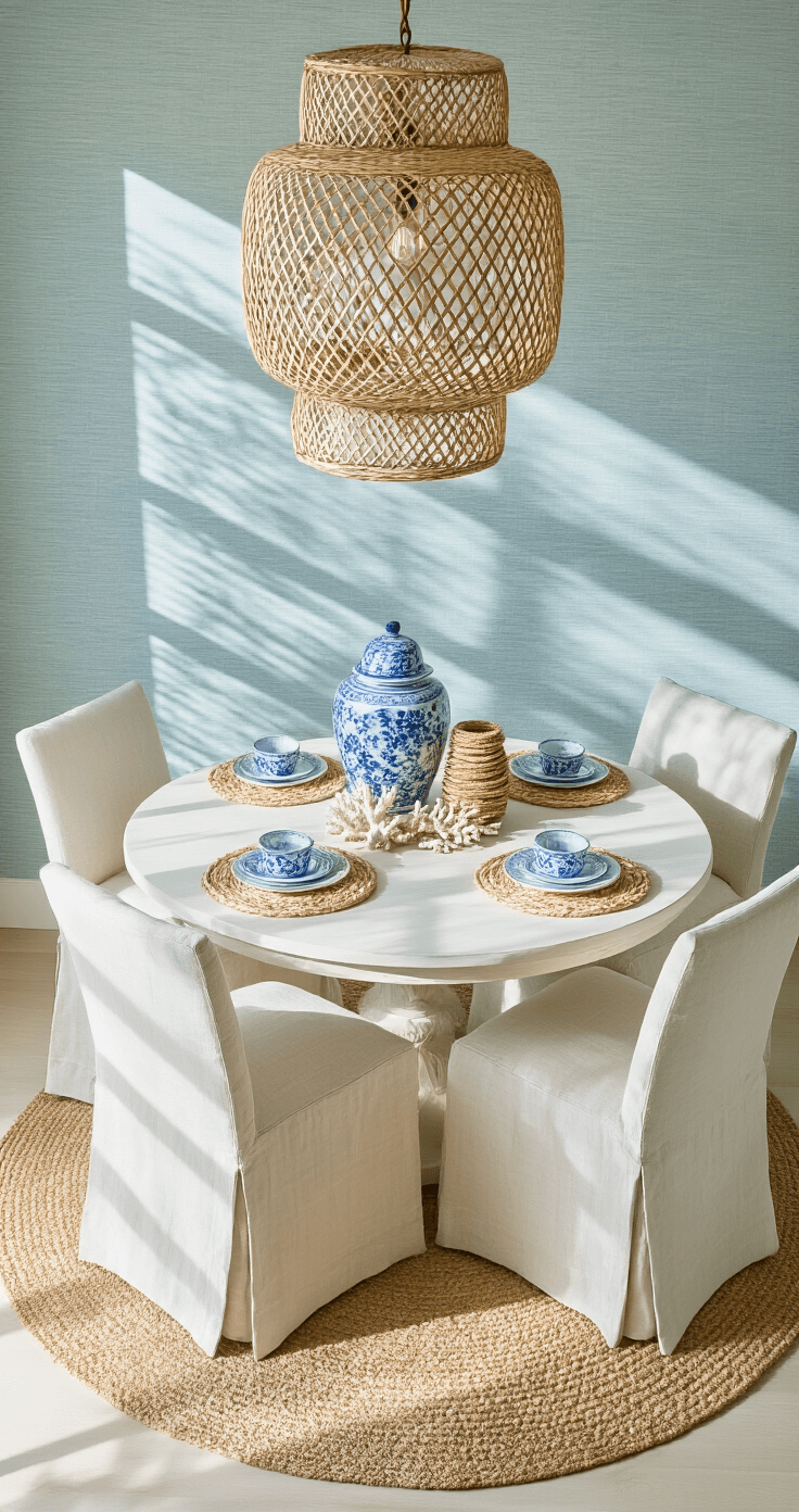 Overhead view of a coastal dining nook featuring a round whitewashed table with natural linen slipcovered chairs, styled with blue and white ginger jars and coral accents, all illuminated by afternoon light and shadowed by an oversized rattan pendant, set against pale blue grasscloth wallpaper and a sisal rug.