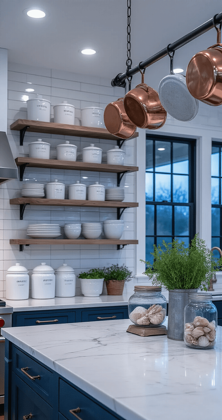 Eye-level view of a coastal kitchen prep area at twilight, featuring white marble countertops, open shelving with ironstone and glass jars, hanging copper pots, and styled with herbs in mason jars and a vintage scale. The moody lighting highlights the textures, with a color palette of cool whites, deep navy, and aged copper.