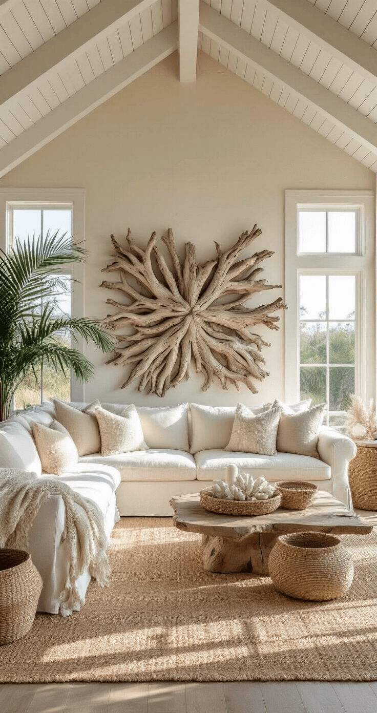 A sunlit coastal living room featuring a vaulted ceiling with exposed white beams, showcasing golden afternoon light through floor-to-ceiling windows. The room includes a linen slipcovered sofa beneath a large weathered driftwood installation, with layered jute and wool rugs, seagrass baskets, and bleached coral. The color palette includes sand, ivory, driftwood gray, and seafoam, complemented by chunky knit throws, raw silk pillows, and hammered brass accents. A potted palm adds organic shadows to the space.