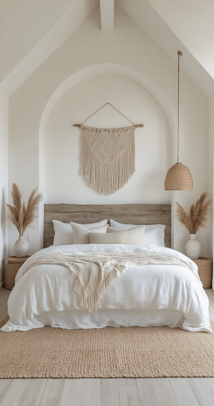 Modern boho bedroom featuring an oversized driftwood headboard, crisp white bedding, and natural decor elements, illuminated by soft morning light through sheer curtains.