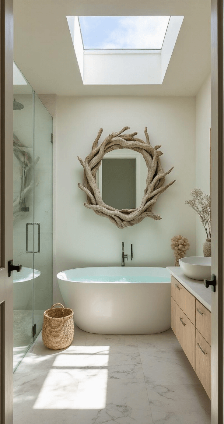 A minimalist beach bathroom featuring a freestanding soaking tub beneath a driftwood mirror, illuminated by late morning light. The marble tile floor casts dramatic shadows, while a floating bleached oak vanity with a vessel sink complements the serene color palette of cloud white, driftwood beige, pale aqua, and silver sage. A glass shower enclosure reflects light, and organic elements like sea sponges and air plants enhance the tranquil atmosphere.