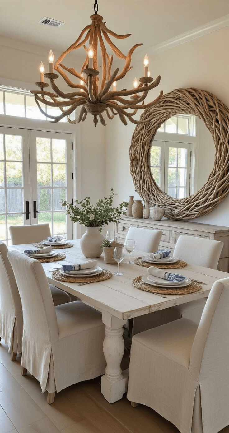 A coastal dining space featuring a driftwood chandelier above a whitewashed farmhouse table, with slip-covered linen chairs, an oversized driftwood mirror, and warm golden hour lighting, creating an intimate atmosphere with natural textures and coastal colors.
