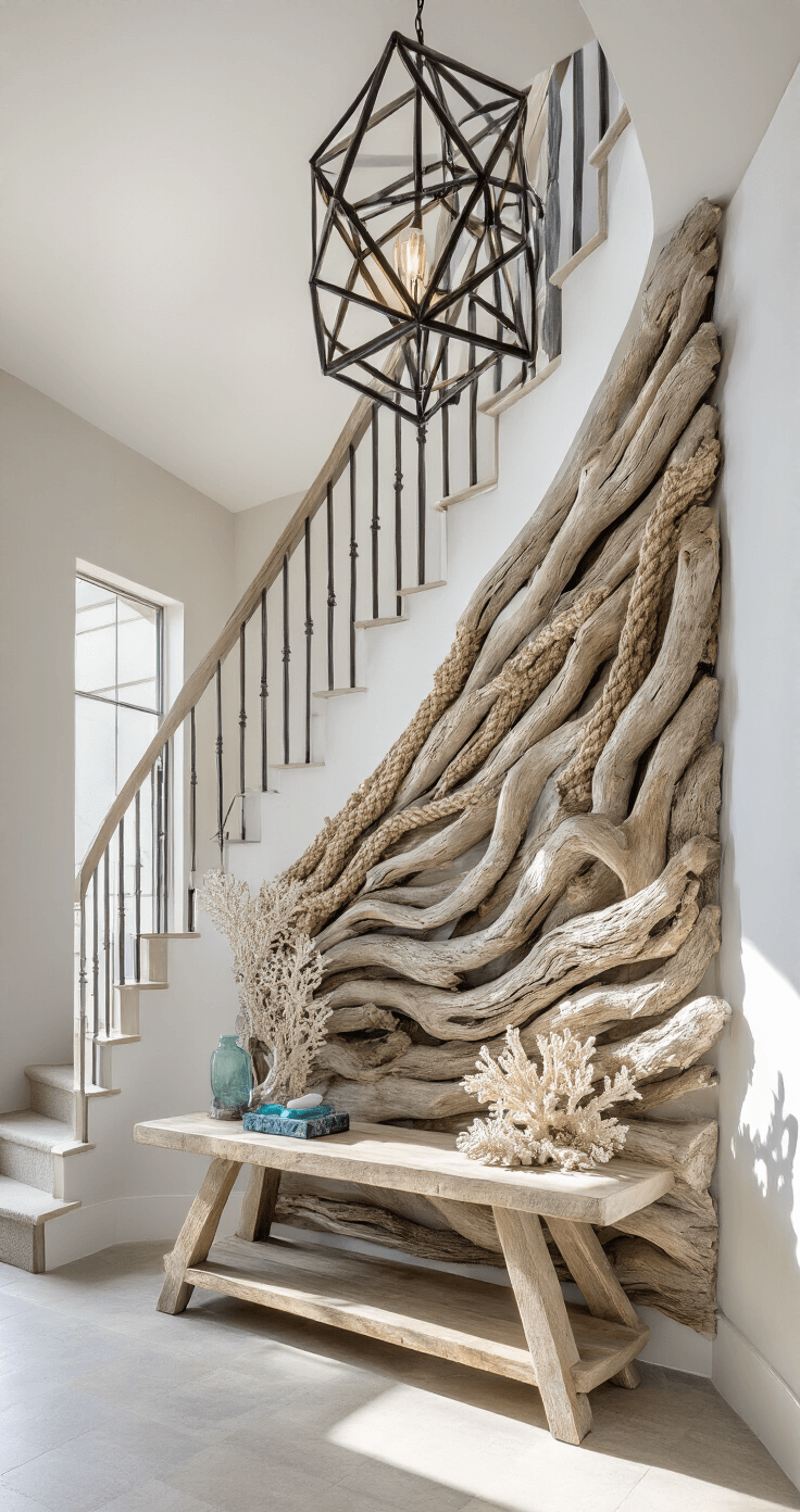 A contemporary entryway featuring a 10x12ft space with a curved staircase, showcasing a tall driftwood and rope wall installation illuminated by natural light, a bleached oak console table adorned with coral and sea glass, and a geometric pendant light casting shadows, all in colors of chalk white, driftwood gray, pale sand, and misty blue.